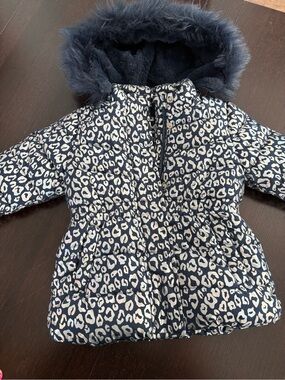 Girls Navy Shimmer Silver-White Leopard Print Puffer Coat with Faux Fur Hood